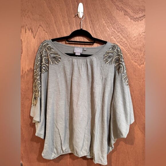 Anthropologie Vanessa Virginia Feather-Cloaked Top Olive Shirt size M/L - Picture 1 of 12